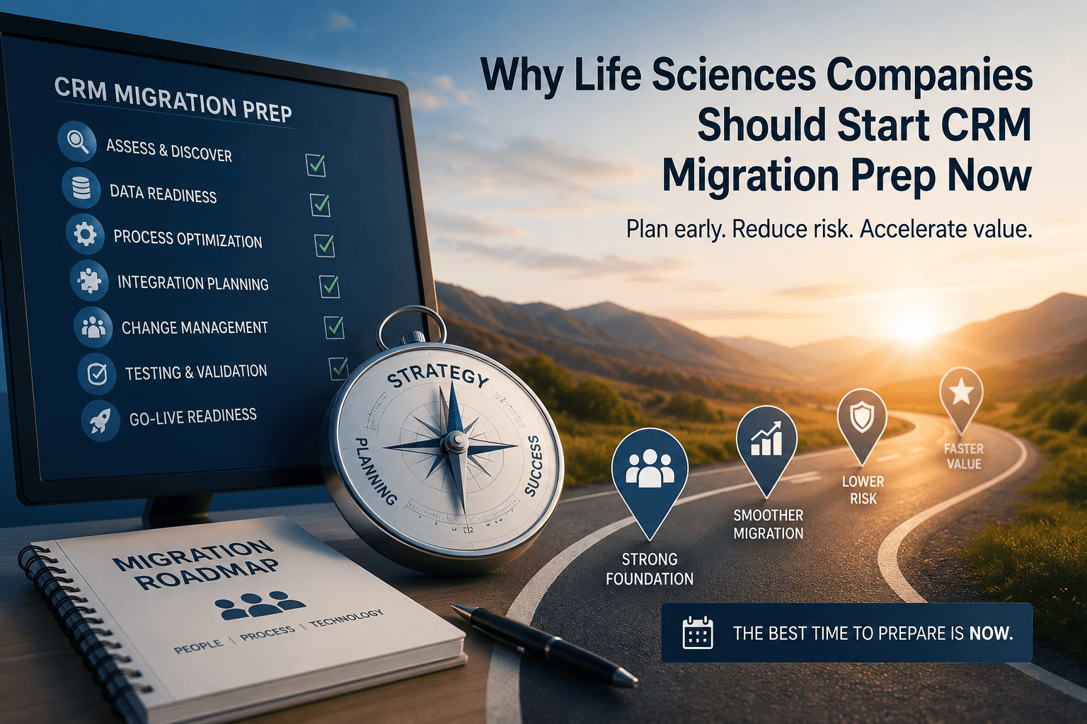 CRM migration roadmap with strategy compass, illustrating the case for starting migration prep now.