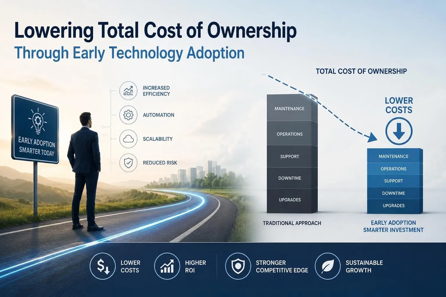 Executive looking down a road toward future growth alongside an infographic on early technology adoption and total cost of ownership.