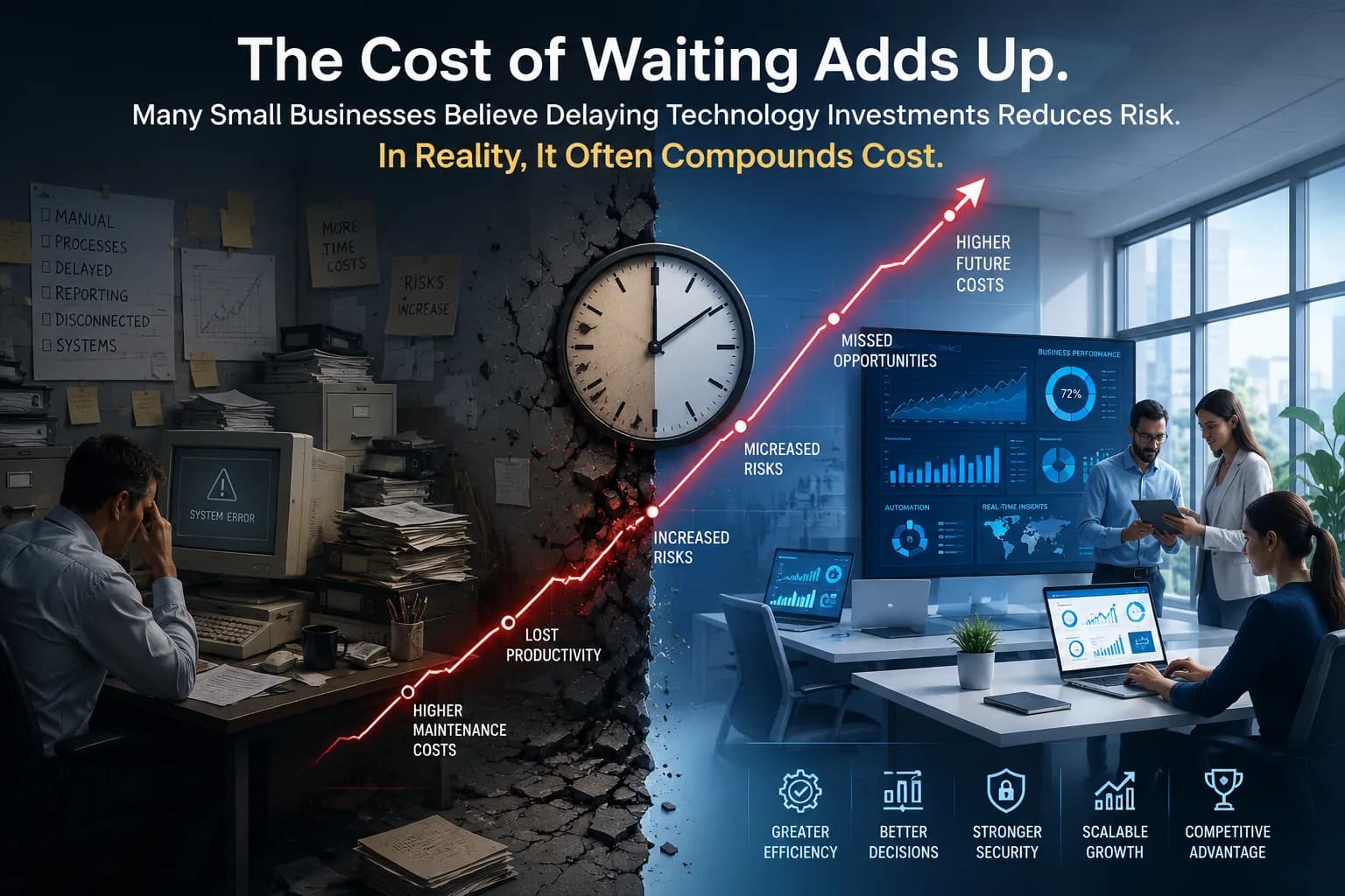 Split-scene infographic titled "The Cost of Waiting Adds Up" — left side shows cluttered legacy office with manual processes, system errors, and missed risks; right side shows modern team with live dashboards, automation, and real-time insights. A red arrow climbs across the scene through callouts (higher maintenance costs, lost productivity, increased risks, missed opportunities, higher future costs).