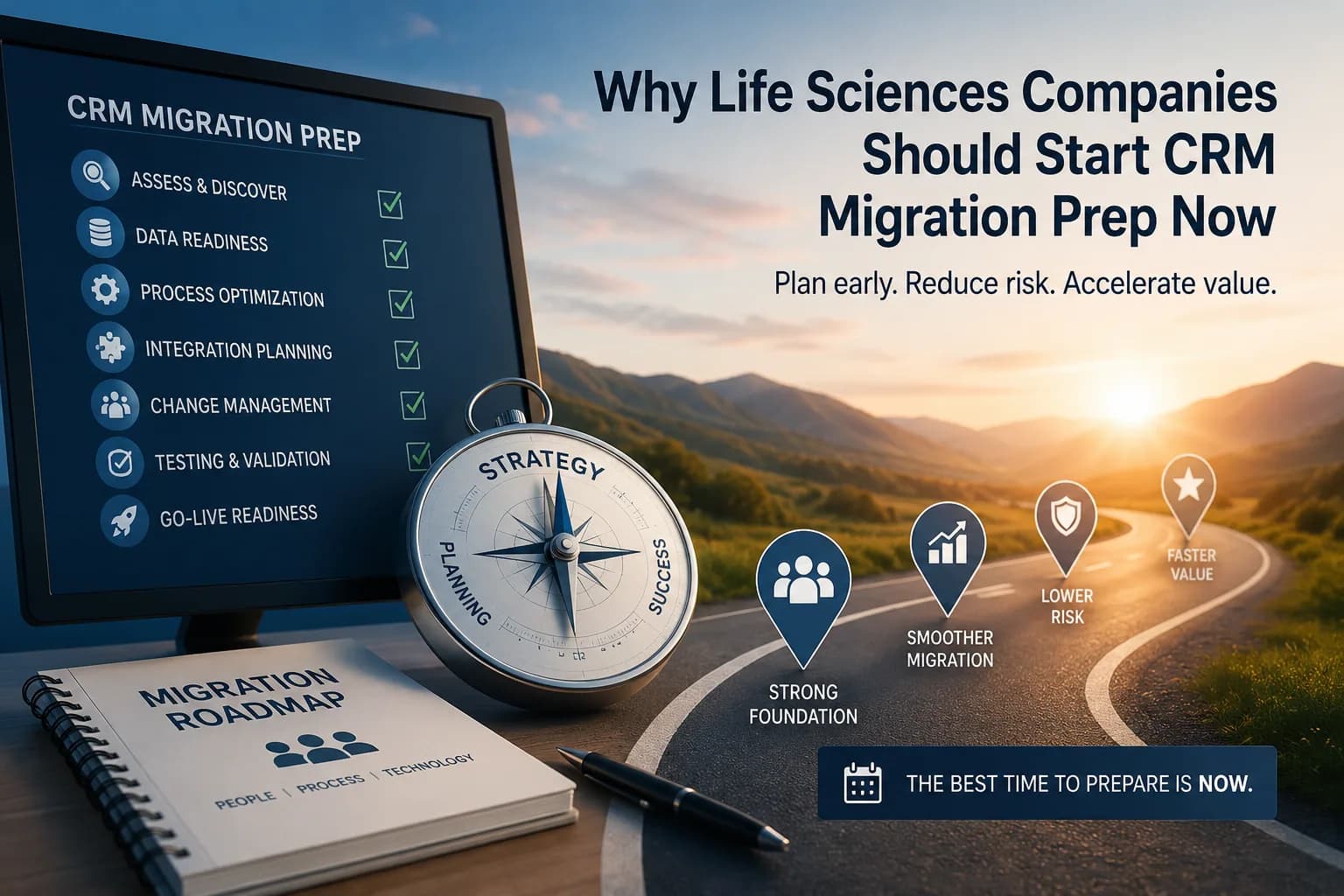 CRM migration roadmap with strategy compass, illustrating the case for starting migration prep now.