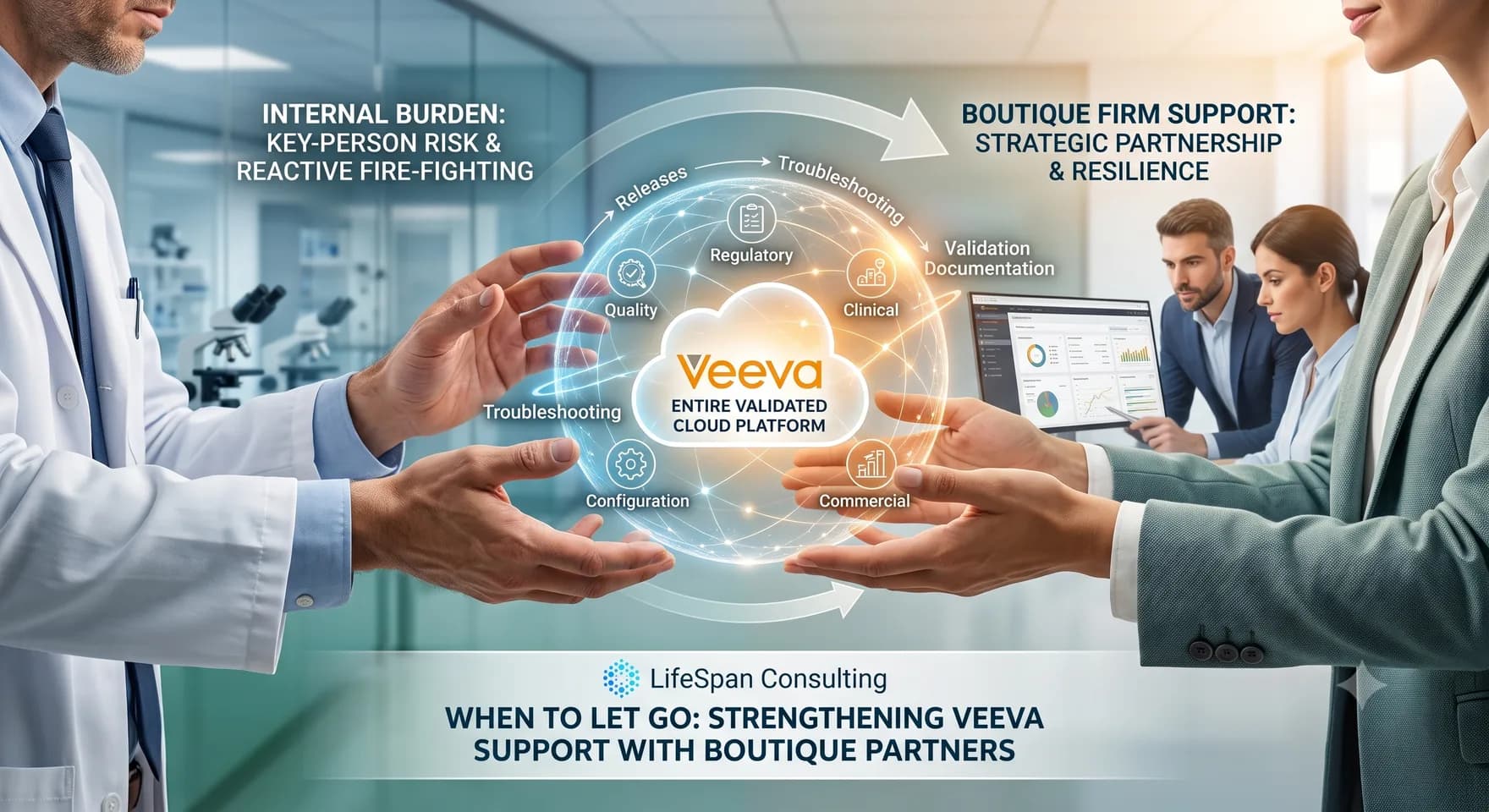 Split illustration of two Veeva support models — an internal team stretched across releases, troubleshooting, configuration, and validation documentation on one side, and boutique firm consultants reviewing live dashboards on the other, with the validated Veeva cloud platform (Quality, Regulatory, Clinical, Commercial) held between them.